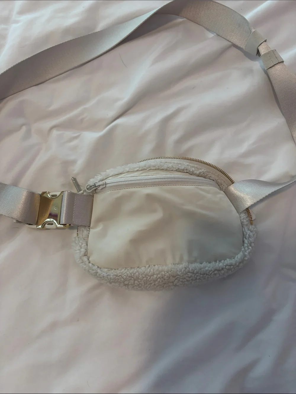 lululemon athletica Cream Sherpa Waist Pack with Silver Buckle